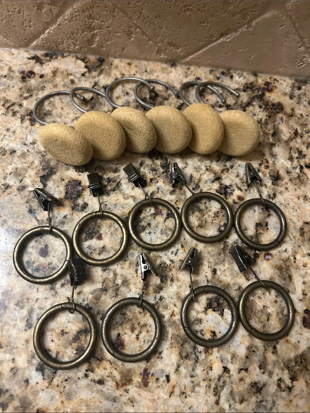 Beige Fabric Shower Curtain Hooks and Antique Brass Clip Rings - Home Accentsset